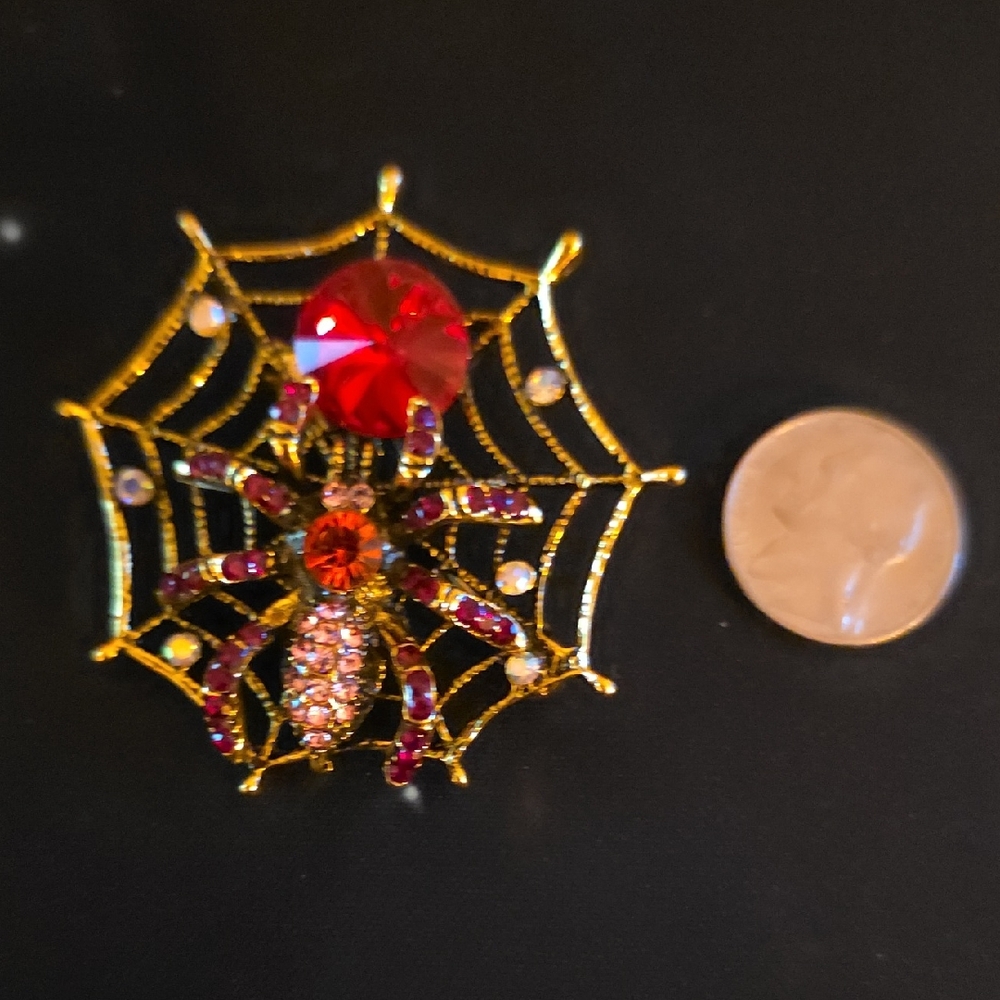 Gold Spider Web Brooch with Red and Pink Accents